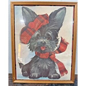 Vintage 50s Scottie Dog Print Framed Art Scottish Terrier Tartan Plaid 11x14